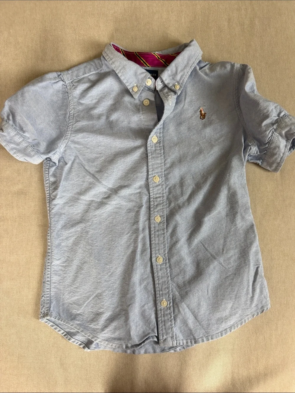 Girls Ralph Lauren Light Blue Short Sleeve Button-Down Oxford Shirt, size 8.